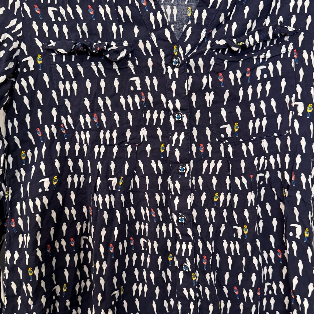 Maeve Anthropologie Navy Bird Print Button Up Blouse Size‎ 2 - Picture 2 of 4
